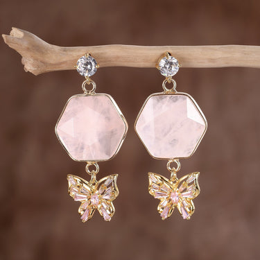Happy Butterfly Statement Rose Quartz Dangle Earrings-Your Soul Place